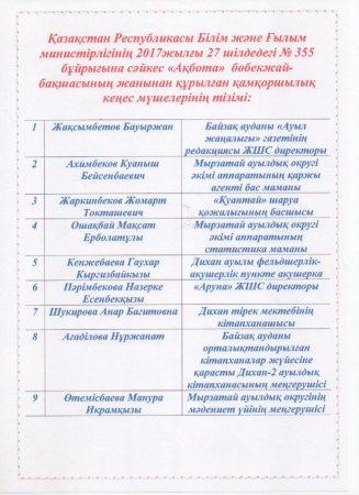 "Ақбота" бөбекжай-бақшасының жанынан құрылған Қамқоршылық кеңесінің тізімі