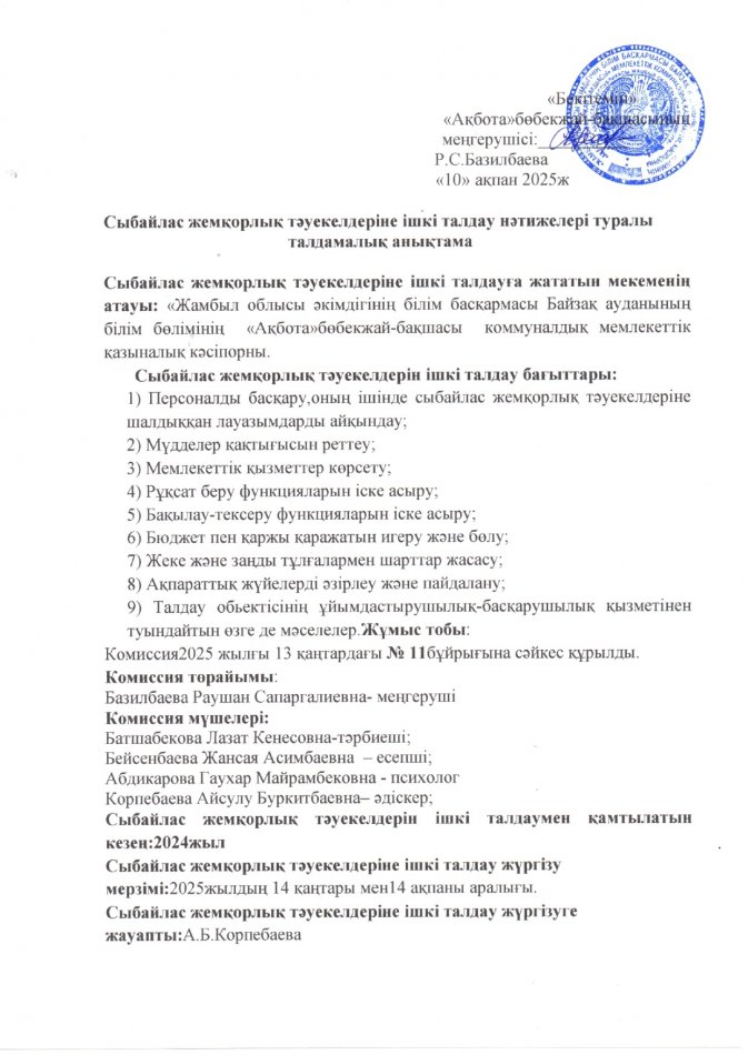 Сыбайлас жемқорлық тәуекелдеріне ішкі талдау нәтижелері туралы талдамалық анықтама